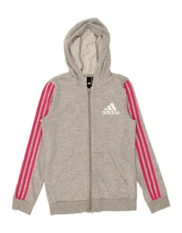 ADIDAS Girls Zip Hoodie Sweater 14-15 Years Grey Cotton