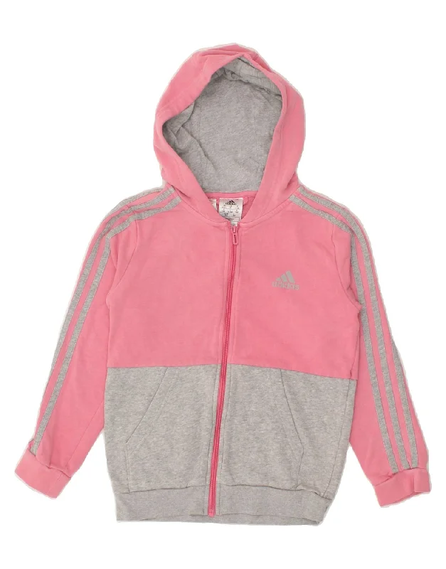 ADIDAS Girls Zip Hoodie Sweater 9-10 Years Pink Colourblock Cotton