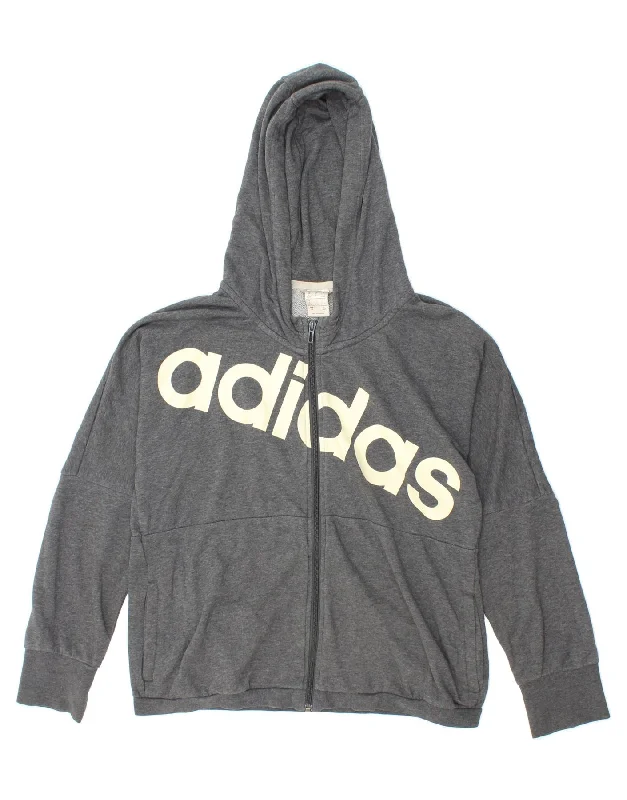 ADIDAS Womens Graphic Zip Hoodie Sweater UK 16/18 Large Grey Cotton