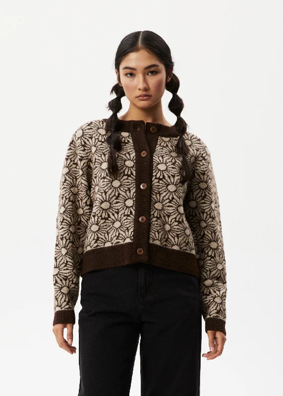 AFENDS Womens Dandy - Floral Knitted Cardigan - Toffee Transparent Opaque Sheer