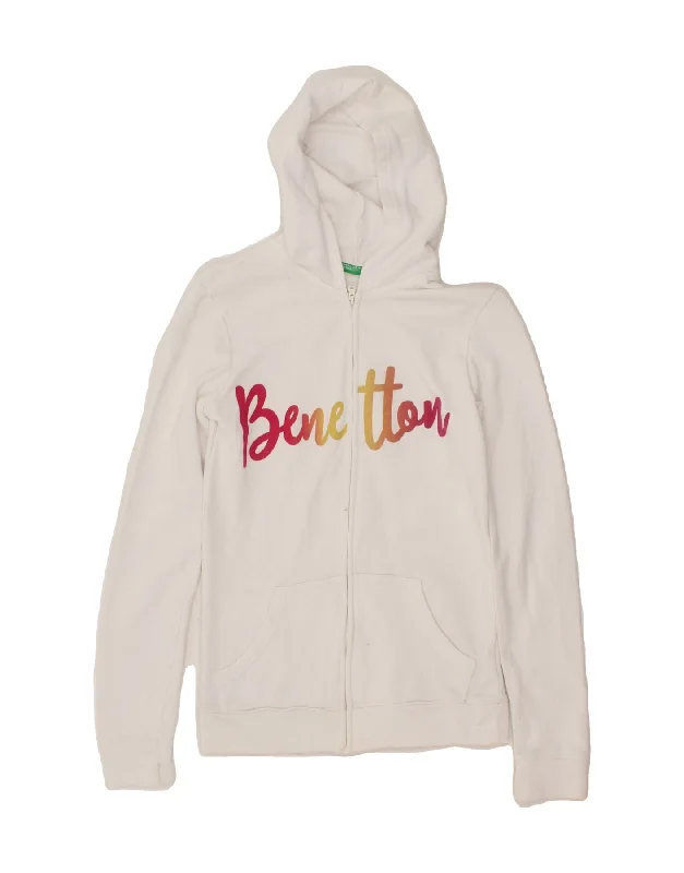 BENETTON Girls Graphic Zip Hoodie Sweater 13-14 Years 3XL White Cotton