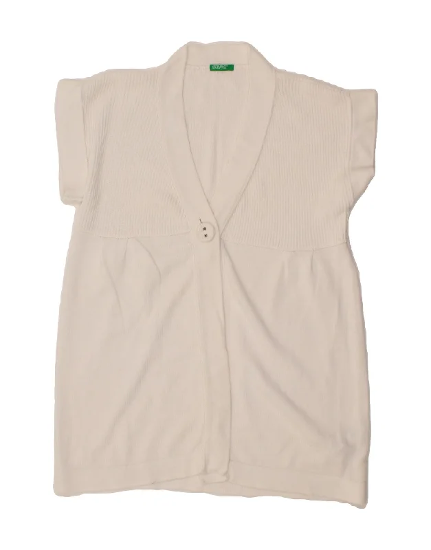 BENETTON Womens Short Sleeve Cardigan Sweater UK 14 Medium White Cotton Stretchy Elastic Breathable