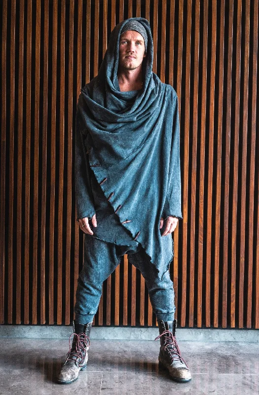 KENOBI Black Stonewash Dark Grey - Jedi Style Hoodie Cardigan With Wooden Buttons Terry Blend Velvet Blend Canvas Blend