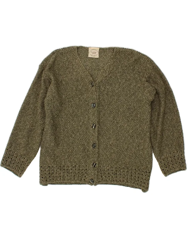 CARRAIG DONN Womens Cardigan Sweater UK 16 Large Khaki Wool Mesh Blend Leather Blend Suede Blend