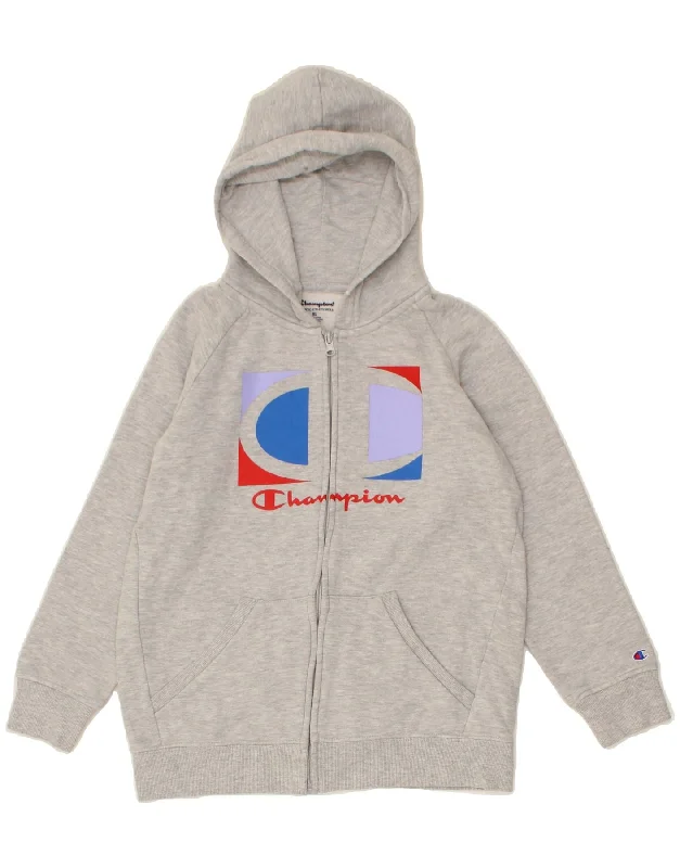 CHAMPION Girls Graphic Zip Hoodie Sweater 13-14 Years XL Grey Cotton