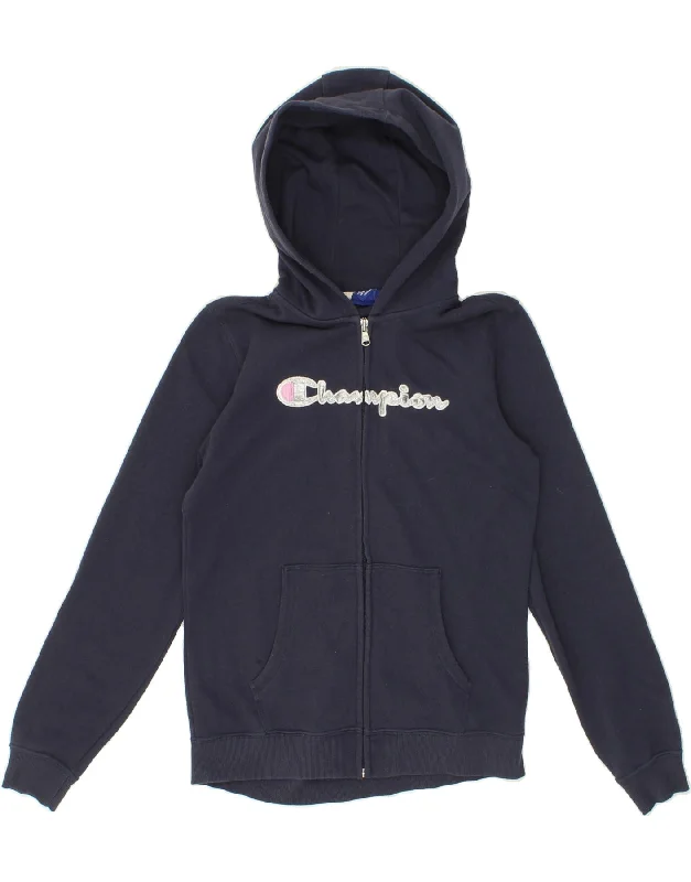 CHAMPION Girls Graphic Zip Hoodie Sweater 13-14 Years XL Navy Blue