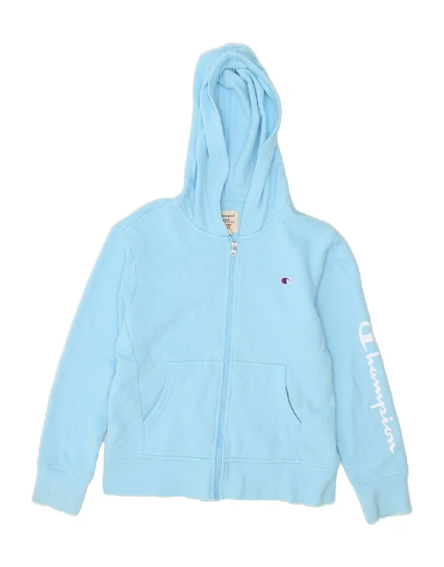 CHAMPION Girls Graphic Zip Hoodie Sweater 9-10 Years Medium Blue Cotton