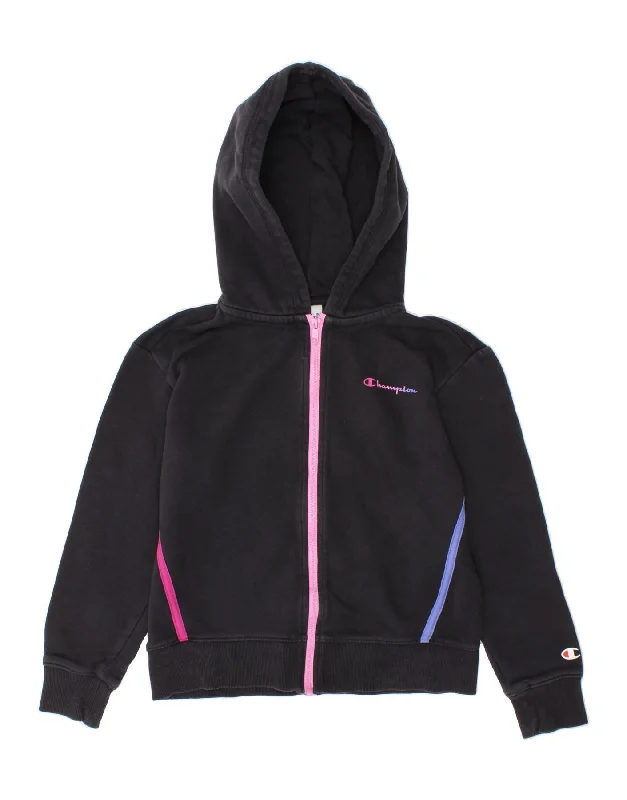 CHAMPION Girls Zip Hoodie Sweater 7-8 Years Small Black Cotton