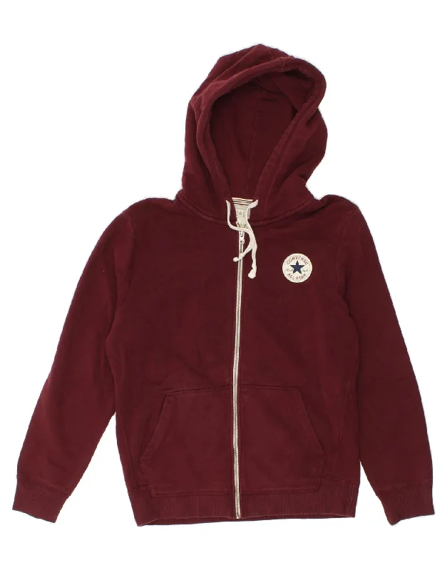 CONVERSE Mens Zip Hoodie Sweater Small Burgundy Cotton