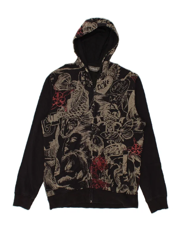 DESIGUAL Womens Abstract Pattern Zip Hoodie Sweater UK 14 Large Black