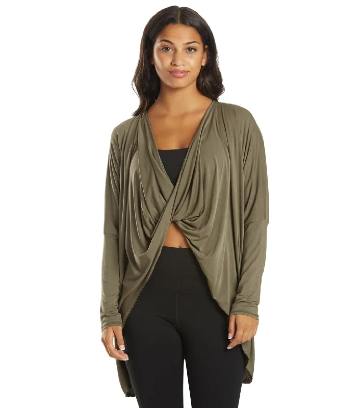 Everyday Yoga Bodhi Solid 2 in 1 Cardigan Dark Olive Print Jacquard Patchwork