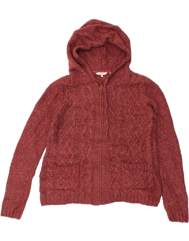 FAT FACE Womens Hooded Cardigan Sweater UK 14 Large Maroon Acrylic Solid Color Striped Floral Print