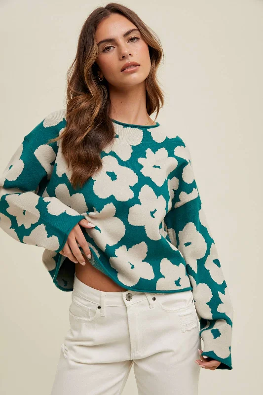 FLORAL JACQUARD RELAXED CROP SWEATER