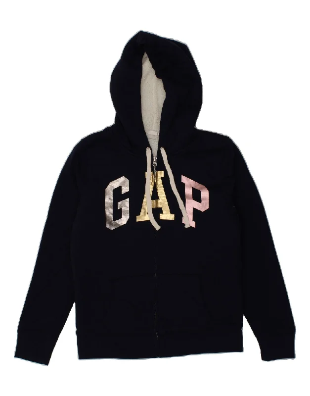 GAP Womens Graphic Zip Hoodie Sweater UK 14 Medium Navy Blue Cotton