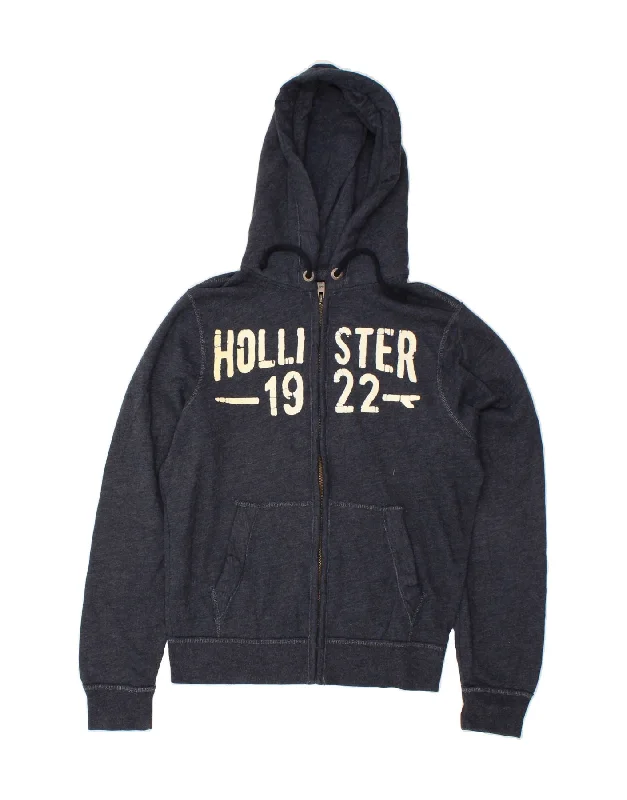 HOLLISTER Mens Graphic Zip Hoodie Sweater Medium Navy Blue Flecked Cotton