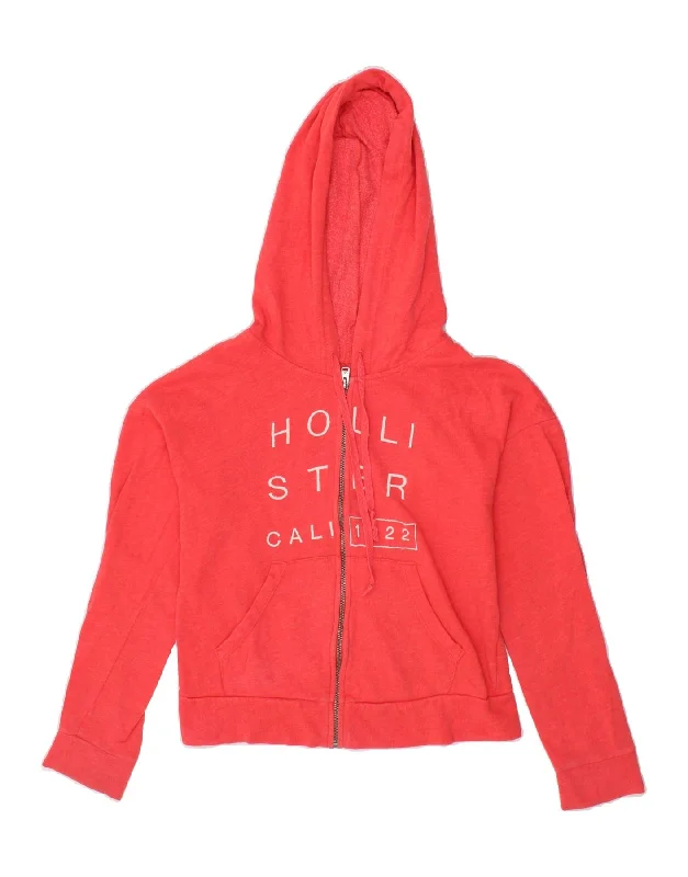 HOLLISTER Womens Crop Graphic Zip Hoodie Sweater UK 10 Small Red Cotton