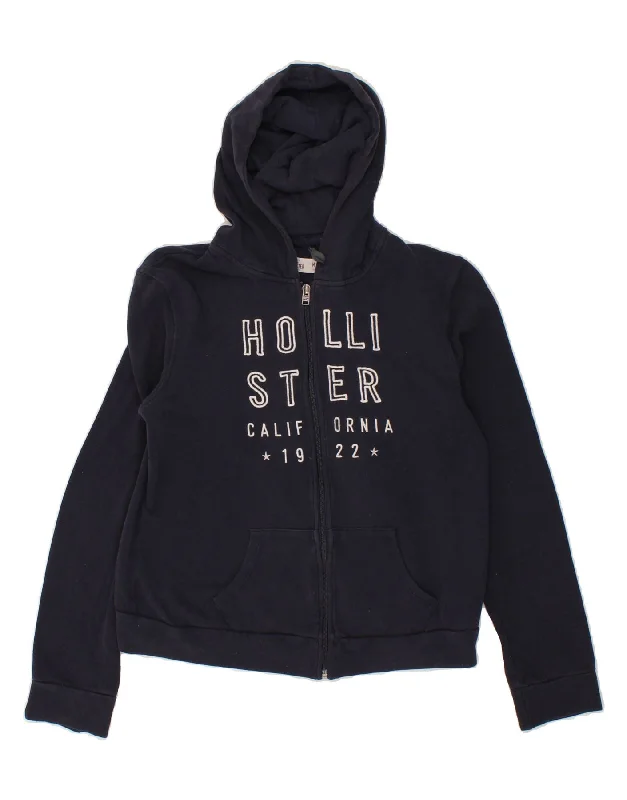 HOLLISTER Womens Graphic Zip Hoodie Sweater UK 14 Medium Navy Blue Cotton