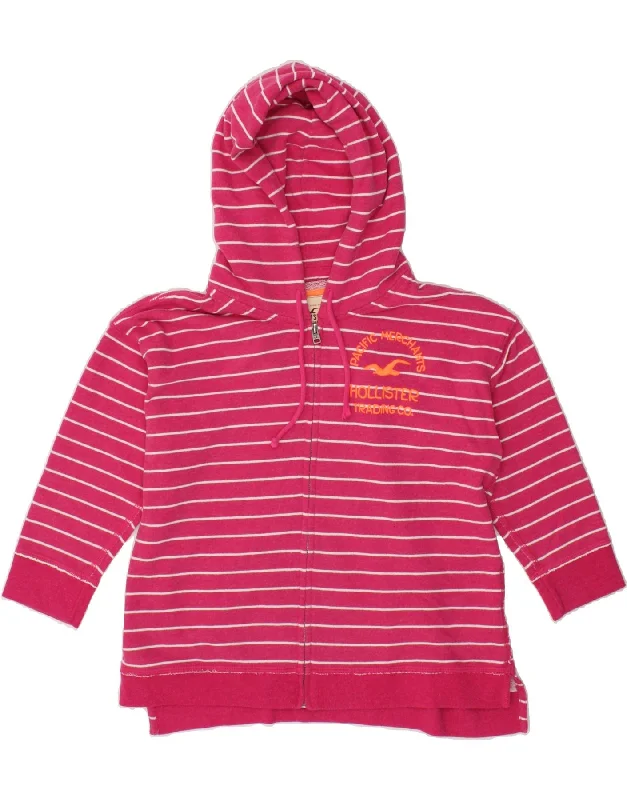 HOLLISTER Womens Graphic Zip Hoodie Sweater UK 14 Medium Pink Striped