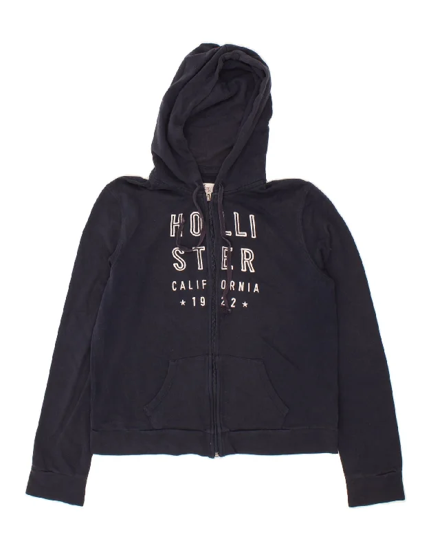 HOLLISTER Womens Graphic Zip Hoodie Sweater UK 16 Large Navy Blue Cotton