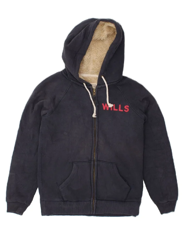 JACK WILLS Womens Graphic Zip Hoodie Sweater UK 12 Medium Navy Blue Cotton