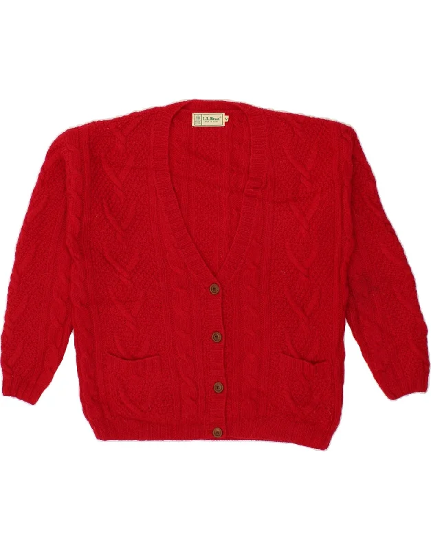 L.L.BEAN Womens Cardigan Sweater UK 14 Medium Red Wool Toggled Drawstring Belted
