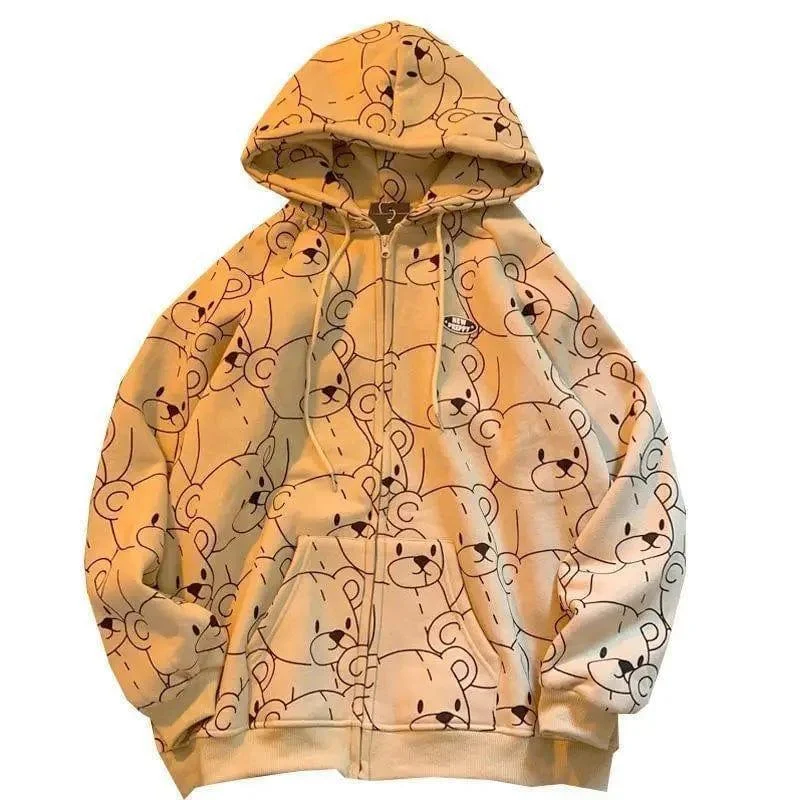 Retro Bear Hooded Cardigan Welt Pockets Slit Pockets Flap Pockets