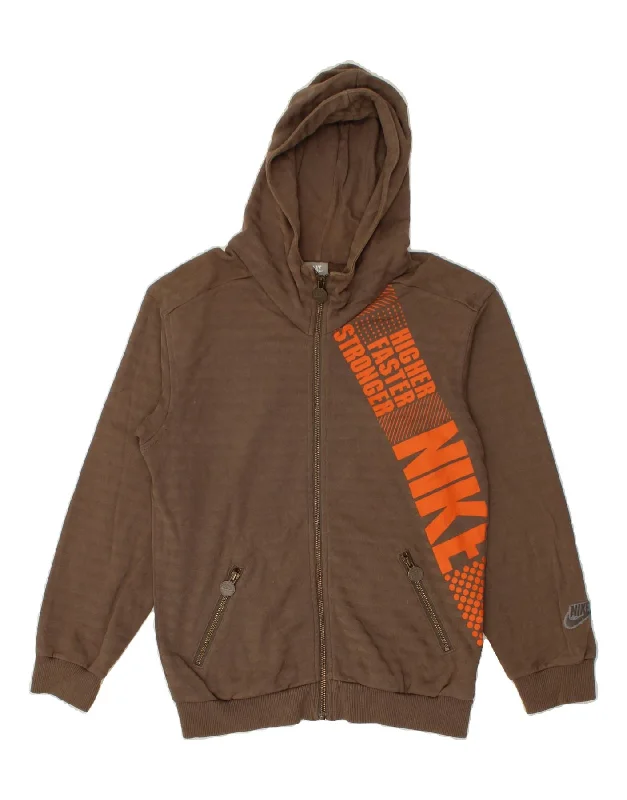 NIKE Girls Graphic Zip Hoodie Sweater 10-11 Years Medium Brown Cotton