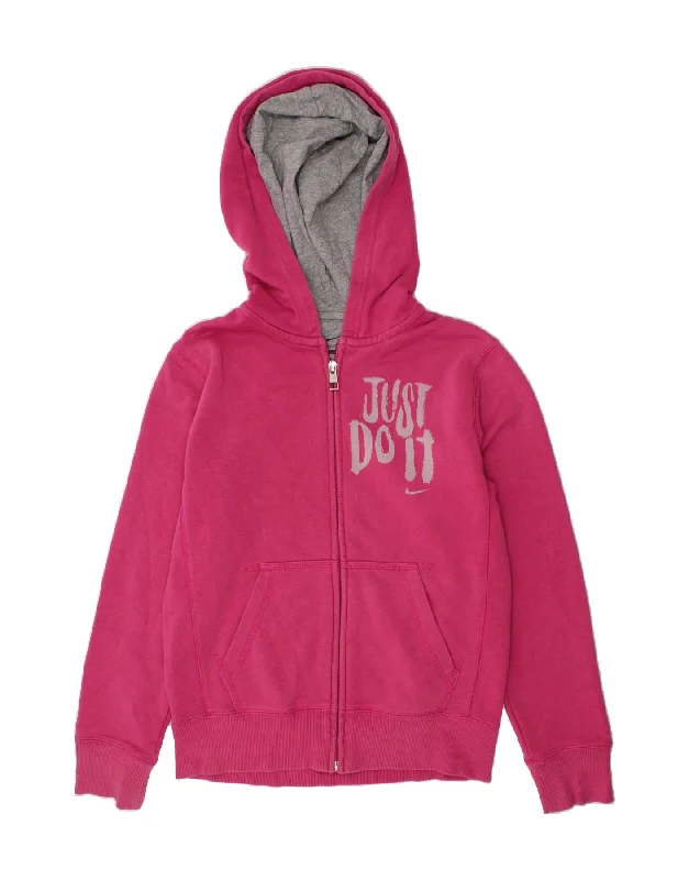 NIKE Girls Graphic Zip Hoodie Sweater 10-11 Years Medium Pink Cotton