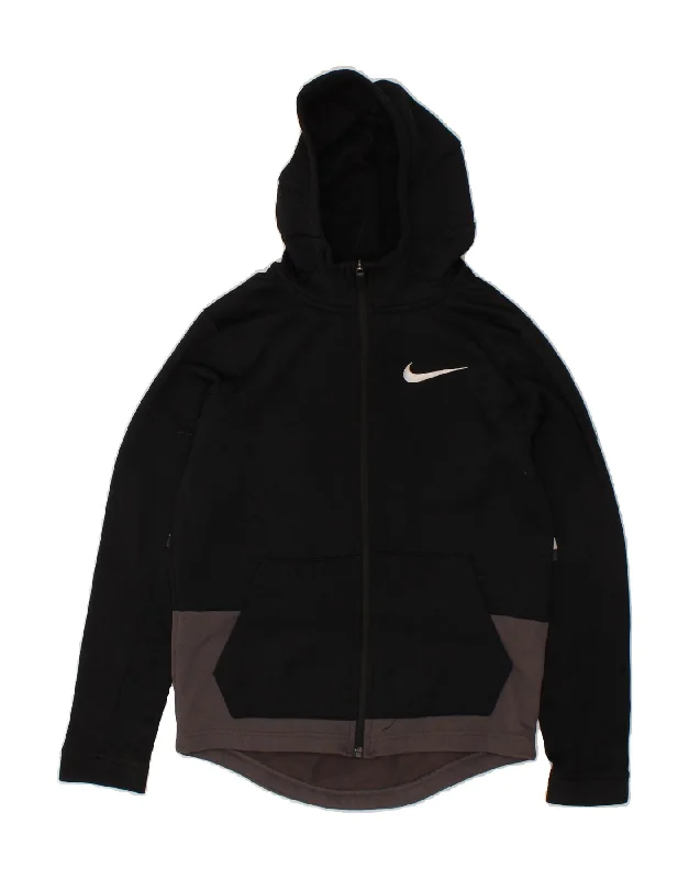 NIKE Girls Graphic Zip Hoodie Sweater 12-13 Years Large Black Colourblock