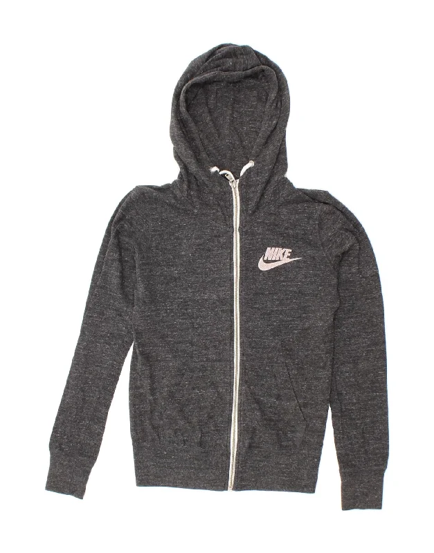 NIKE Womens Graphic Zip Hoodie Sweater UK 10 Small Grey Flecked Cotton