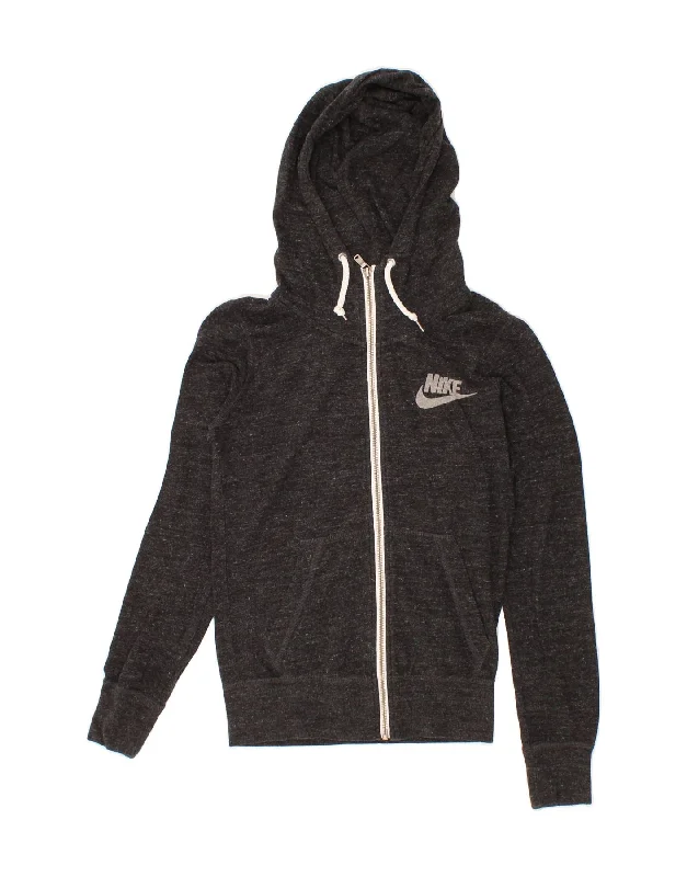 NIKE Womens Zip Hoodie Sweater UK 6 XS Grey Cotton