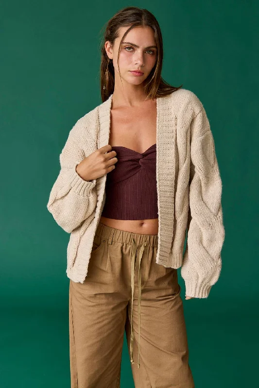 Oversized Cable Knit Cardigan - Tan Casual Formal Business