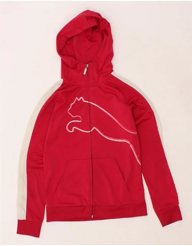 PUMA Girls Graphic Zip Hoodie Sweater 13-14 Years XL Red Colourblock