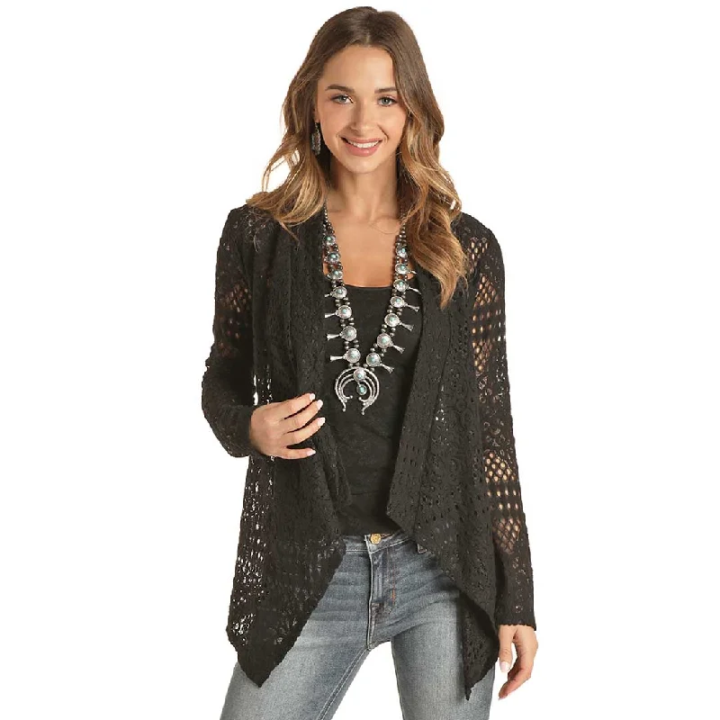 Rock & Roll Cowgirl Women's Crochet Cardigan Boat Neck Shawl Collar Notched Collar