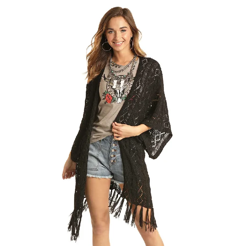Rock & Roll Cowgirl Women's Fringe Crochet Cardigan Zippered Front Buttoned Front Snap Front Rock & Roll Cowgirl Women's Fringe Crochet Cardigan Zippered Front Buttoned Front Snap Front