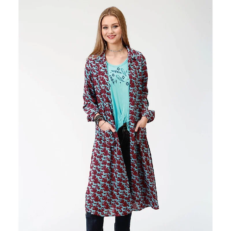 Roper Rayon Horse Pattern Red & Turquoise Womens Cardigan Wool Cardigan Cotton Cardigan Cashmere Cardigan