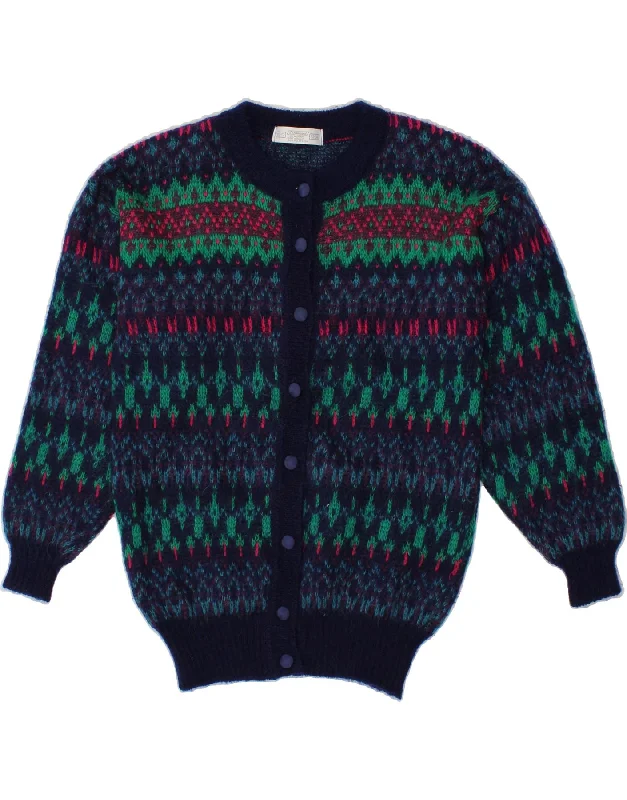 ST. BERNARD Womens Cardigan Sweater US 10/12 Large Navy Blue Fair Isle Striped Floral Plaid
