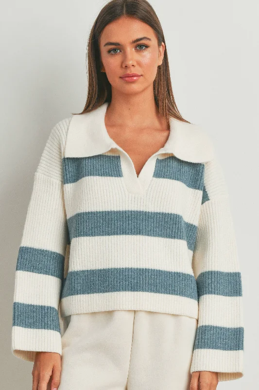 Stripe Wide Collar Sweater: Blue