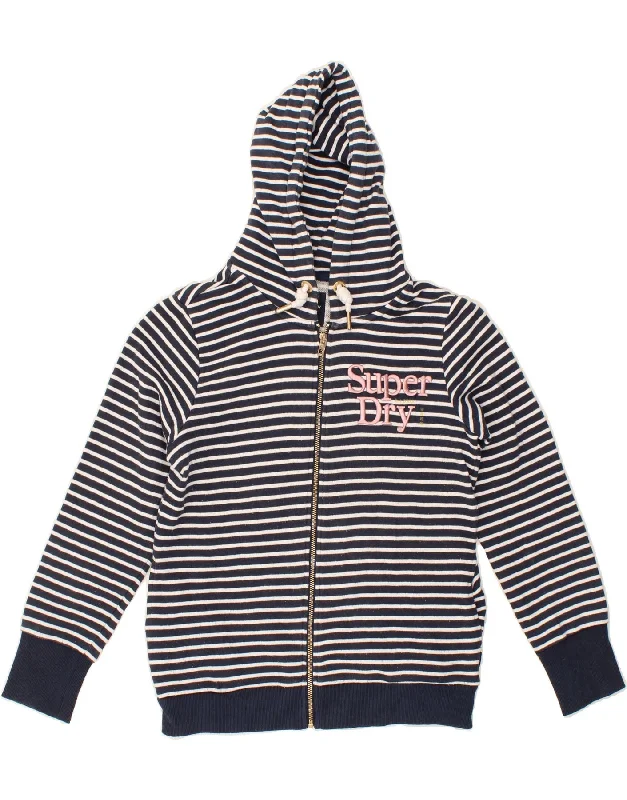 SUPERDRY Womens Graphic Zip Hoodie Sweater UK 14 Large  Navy Blue Striped