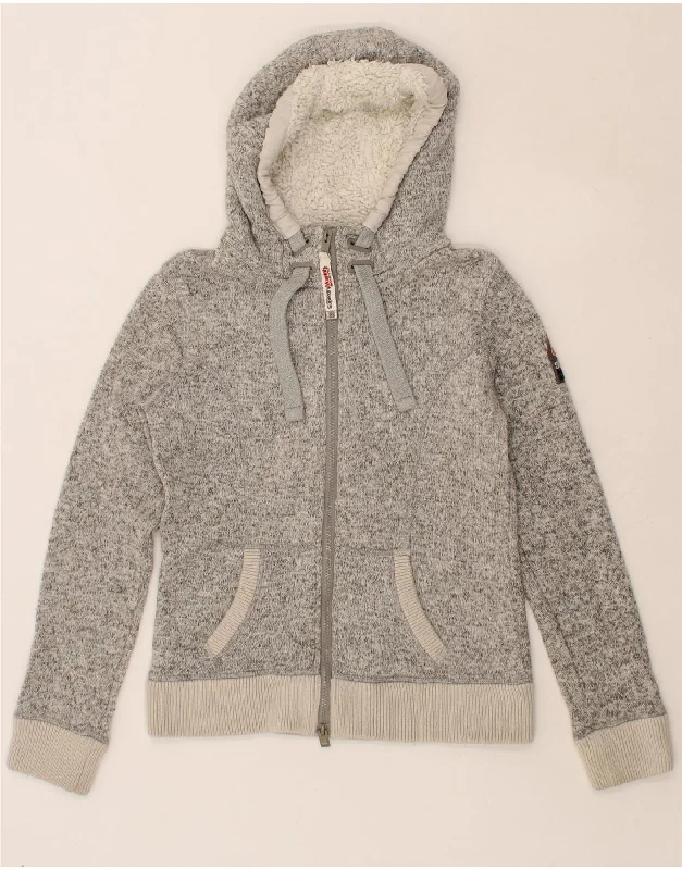 SUPERDRY Womens Zip Hoodie Sweater UK 12 Medium Grey Flecked Cotton