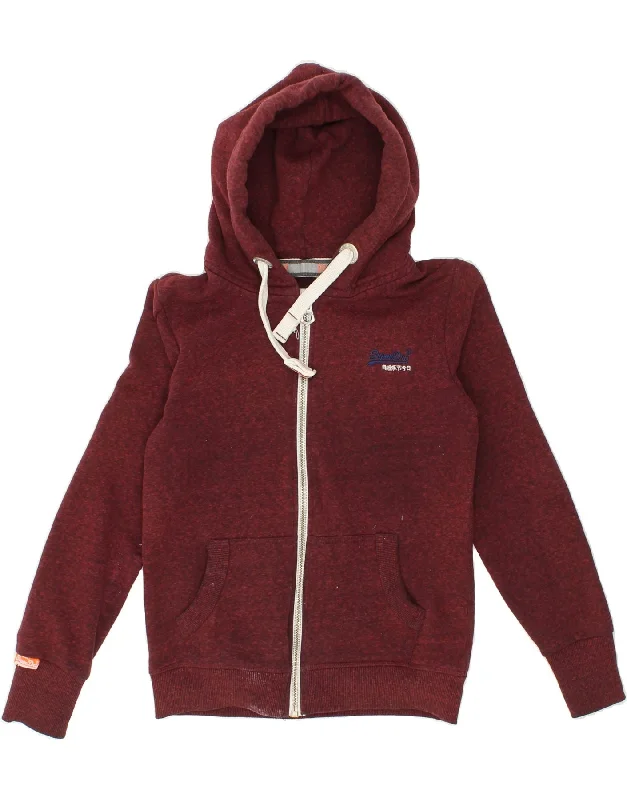 SUPERDRY Womens Zip Hoodie Sweater UK 8 Small Burgundy Flecked Cotton