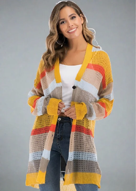 Color Block Openwork Long Sleeve Cardigan Terry Terry Cloth Terry Knit