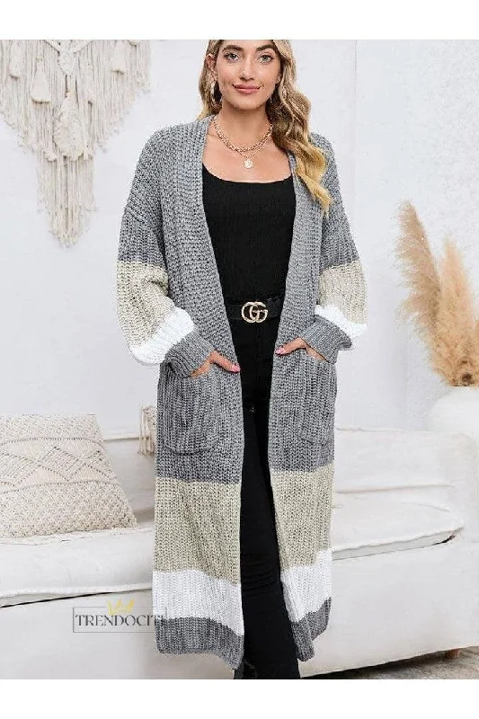 Color Block Long Sleeve Pocketed Cardigan Anti-Pilling Anti-Shrink Durable
