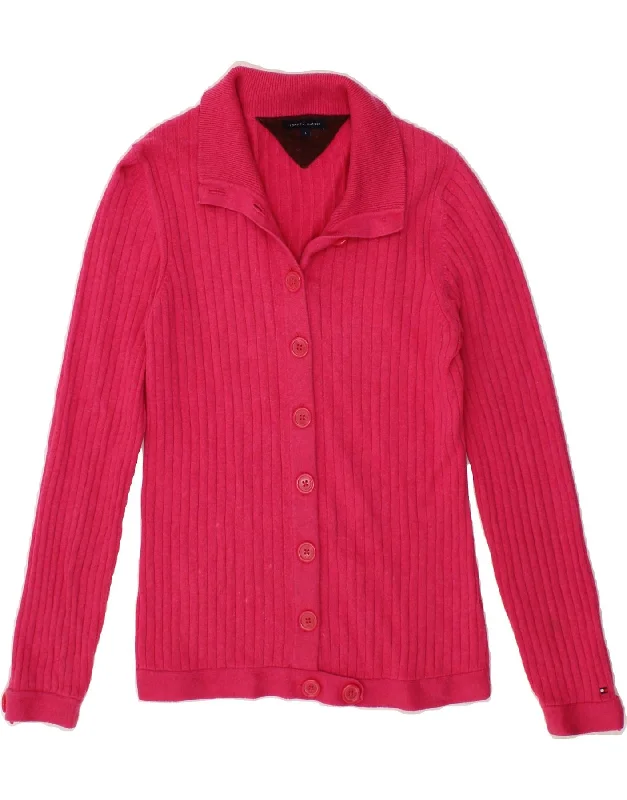 TOMMY HILFIGER Womens Cardigan Sweater UK 14 Large Pink Cotton Cable Knit Ribbed Knit Lace Knit