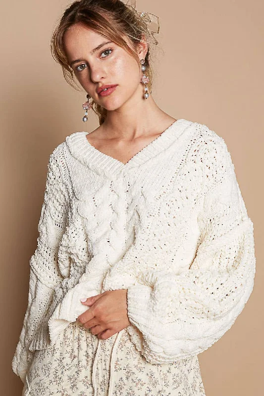 V-neck Chenille sweater - Cream