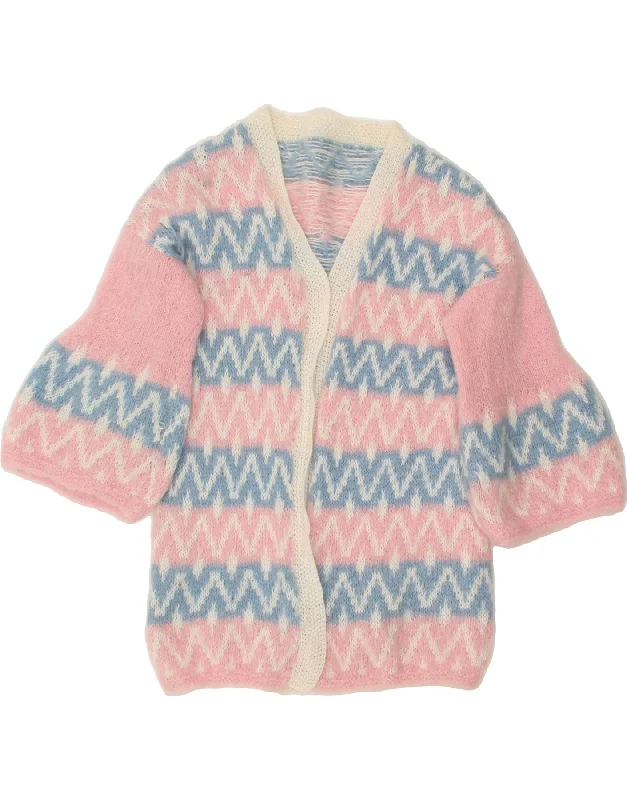 VINTAGE Womens 3/4 Sleeve Cardigan Sweater UK 14 Large Pink Chevron Patchwork Embroidered Appliqued
