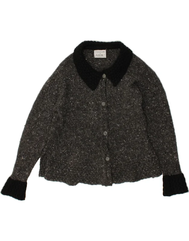 VINTAGE Womens Cardigan Sweater Large Grey Flecked Wool Print Jacquard Patchwork