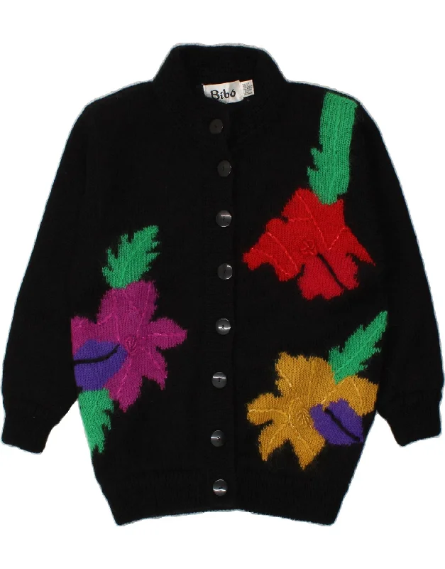 VINTAGE Womens Cardigan Sweater One Size Black Floral Wool Open Front Closed Front Wrap Front