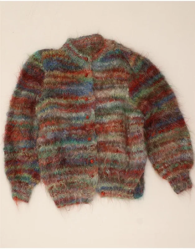 VINTAGE Womens Cardigan Sweater UK 14 Medium Multicoloured Striped Seamless Knitted Crochet