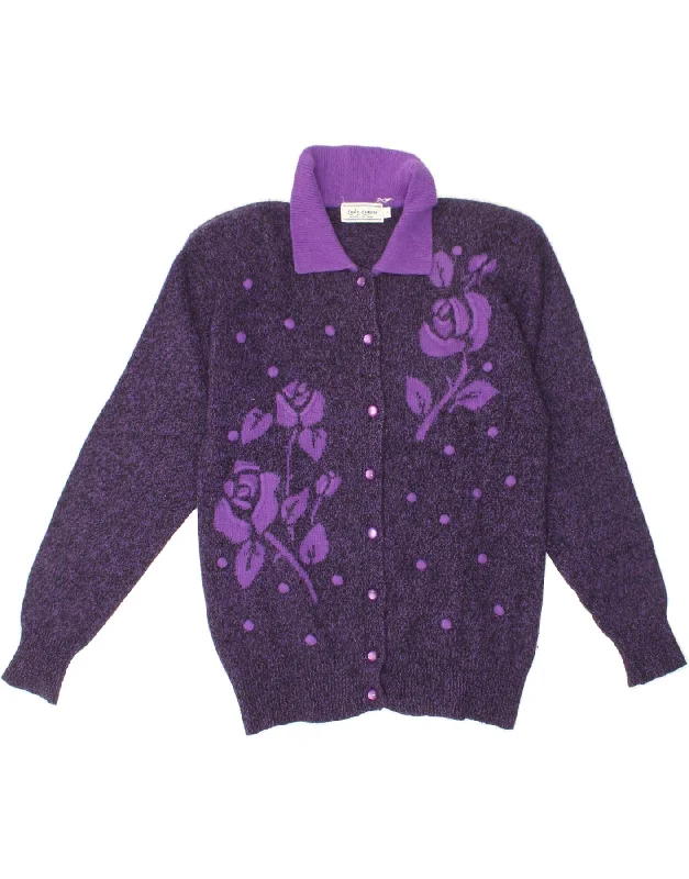 VINTAGE Womens Cardigan Sweater UK 14 Medium Purple Floral Lambswool Zippered Front Buttoned Front Snap Front